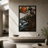 Coastal Lighthouse Cottage above Ocean Waves Colorful Metal Wall Art