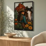 Cowgirl with Pinto Horse Cactus and Marigolds Colorful Metal Wall Art