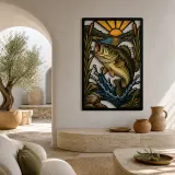 Largemouth Bass Leaping from Lake at Sunrise Colorful Metal Wall Art
