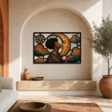 Afro Woman Embracing Crescent Moon among Clouds Colorful Metal Wall Art
