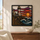 Arte Mural de Metal Colorido con Faro Costero y Olas al Atardecer Colorido
