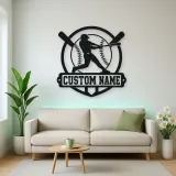 Personalized Baseball Batter Crossed Bats Metal Wall Art
