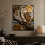 Barn Owl on Oak Branch beneath Full Moon Colorful Metal Wall Art