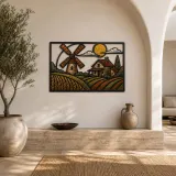 Country Windmill Farm beneath Golden Sun Colorful Metal Wall Art