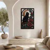 Black Cat with Red Roses and Crescent Moon Colorful Metal Wall Art