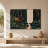 Deer Pair beside Stream in Redwood Forest Colorful Metal Wall Art