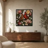 Coppia di Cardinali tra Fiori di Magnolia e Luna Piena Insegna in Metallo Colorata