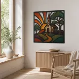 Country Church along Winding Path at Sunrise Colorful Metal Wall Art