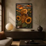 Golden Retriever with Sunflowers at Sunset Colorful Metal Wall Art