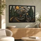 Cruiser Motorcycle on Mountain Road under Full Moon Colorful Metal Wall Art