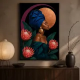 Black Woman in Blue Headwrap with Protea Flowers Colorful Metal Wall Art