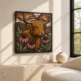 Highland Cow with Pink Coneflowers and Rolling Hills Colorful Metal Wall Art