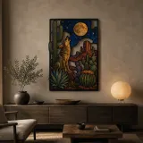 Coyote Howling beneath Full Moon in Desert Colorful Metal Wall Art
