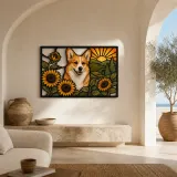 Pembroke Corgi with Sunflowers at Sunrise Colorful Metal Wall Art