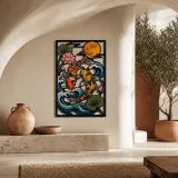 Koi Pair in Ocean Waves beneath Full Moon Colorful Metal Wall Art