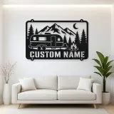 Personalized Camper Trailer Metal Wall Art with Mountain Camp