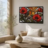 Robin among Red Poppies at Sunrise Colorful Metal Wall Art