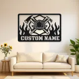 Personalized Firefighter Helmet Metal Wall Art with Flames
