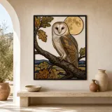 Barn Owl on Oak Branch beneath Full Moon Colorful Metal Wall Art