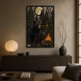 Black Bear by Cabin Campfire under Full Moon Colorful Metal Wall Art