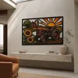Vintage Farm Tractor with Sunflowers at Sunrise Colorful Metal Wall Art