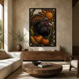 Thanksgiving Truthahn mit Kürbissen und Mais - Bunte Metall-Wandkunst