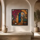 Blue Adobe Door with Bougainvillea and Cactus Colorful Metal Wall Art