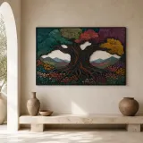 Colorful Ancient Tree of Life in Mountain Meadow Metal Wall Art