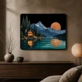 Mountain Lake Cabin beneath Copper Sunset Colorful Metal Wall Art