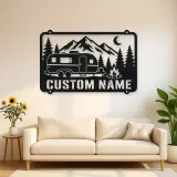 Personalized Camper Trailer Metal Wall Art with Mountain Camp