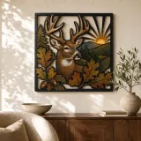 Weißes Reh mit herbstlichen Eichenblättern und Sonnenaufgang – Bunte Metall-Wandkunst