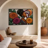 Afro Woman with Colorful Dahlias and Copper Circles Metal Wall Art