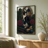 Tuxedo Cat on Books by Gothic Window Colorful Metal Wall Art