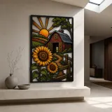 Red Barn with Sunflowers at Sunrise Colorful Metal Wall Art