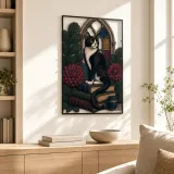 Tuxedo Cat on Books by Gothic Window Colorful Metal Wall Art