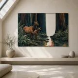 Deer Pair beside Stream in Redwood Forest Colorful Metal Wall Art