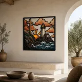 Lighthouse beneath Cross over Ocean Waves Colorful Metal Wall Art