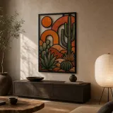 Mid Century Desert Cactus with Abstract Sun Colorful Metal Wall Art