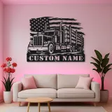 Personalized Logging Semi Truck Metal Wall Art with American Flag