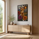 Alpaca with Dahlias in Mountain Landscape Colorful Metal Wall Art