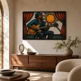 Insegna in metallo colorata con chitarrista blues che si esibisce sotto il sole radioso