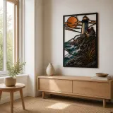 Coastal Lighthouse Cottage above Ocean Waves Colorful Metal Wall Art