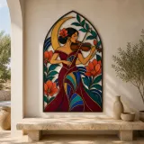 Woman Violinist with Flowers and Crescent Moon Colorful Metal Wall Art