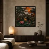Japanese Garden Bridge with Pine and Sunset Colorful Metal Wall Art
