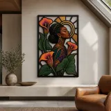 Afro Woman with Calla Lilies and Golden Halo Colorful Metal Wall Art