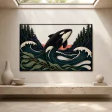 Orca Leaping through Ocean Waves by Pine Forest Colorful Metal Wall Art