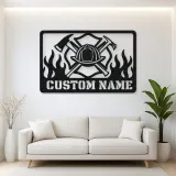 Personalized Firefighter Helmet Metal Wall Art with Flames