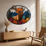Bull Elk in Autumn Mountains and Pine Forest Colorful Metal Wall Art