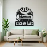 Personalized Pontoon Boat Metal Wall Art with Mountain Lake