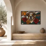 English Bulldog with Red and Golden Roses Colorful Metal Wall Art
